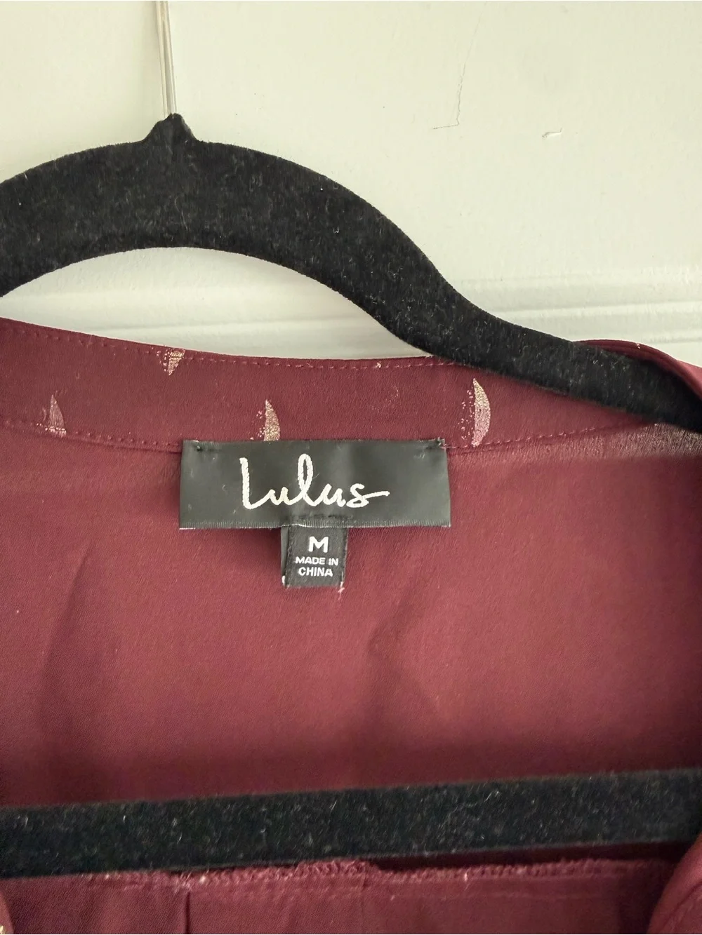 Lulu's Wine Red V-Neck Blouse with Metallic Dot Accents